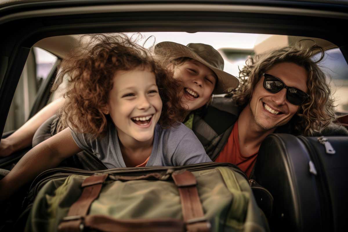 Adulto e duas crianças pousando felizes para a foto dentro de um carro em viagem.